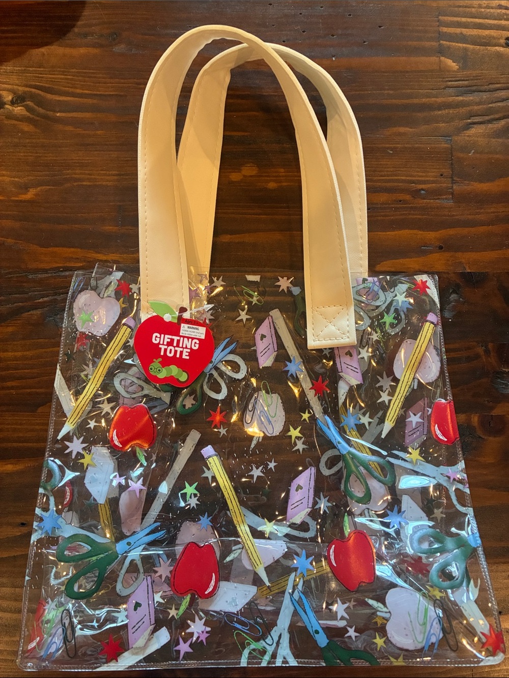 Cream Handle Clear Tote with Colorful School Supply Motif